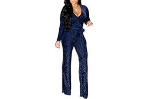 LightlyKiss Women Casual Sexy V Neck Sparkly Jumpsuits Long Sleeve Onesie Loose Pants Party Clubwear with Belt