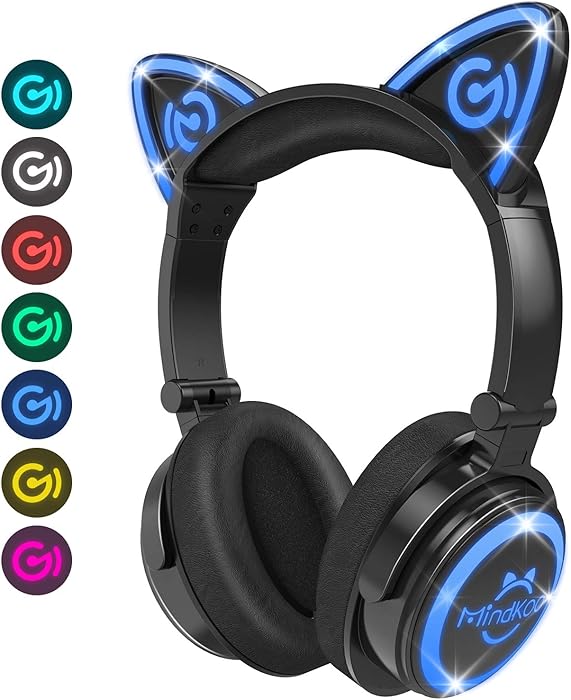MindKoo Bluetooth Headphones Wireless Over Ear Cat Ear Headphones with LED Light Foldable Built-in Microphone and Volume Control for Cell Phones/iPhone/iPad/Laptop/PC/TV Kids Boys Girls Friends