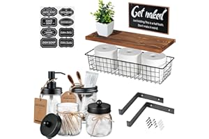 SheeChung Mason Jars Floating Shelves Set for Bathroom - 16oz Soap Dispenser, Toothbrush Holder, 2Pcs Qtip Holders, Paper Storage, Wall Mounted Farmhouse Decor, Artificial Plant, Decor Sign-Brown