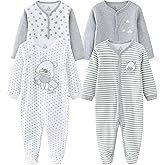 MAMIMAKA Baby Boys Girls Footies One-Piece Romper Long-Sleeve Jumsuit Cotton Newborn Clothes Set 4-Pack, Baby Pajamas