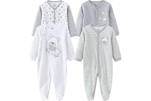 MAMIMAKA Baby Boys Girls Footies One-Piece Romper Long-Sleeve Jumsuit Cotton Newborn Clothes Set 4-Pack, 0-12 Months