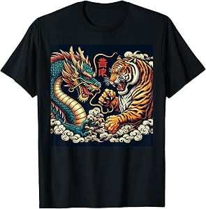 Vintage Japanese Dragon Fighting Tiger Asian Folklore Men T-Shirt