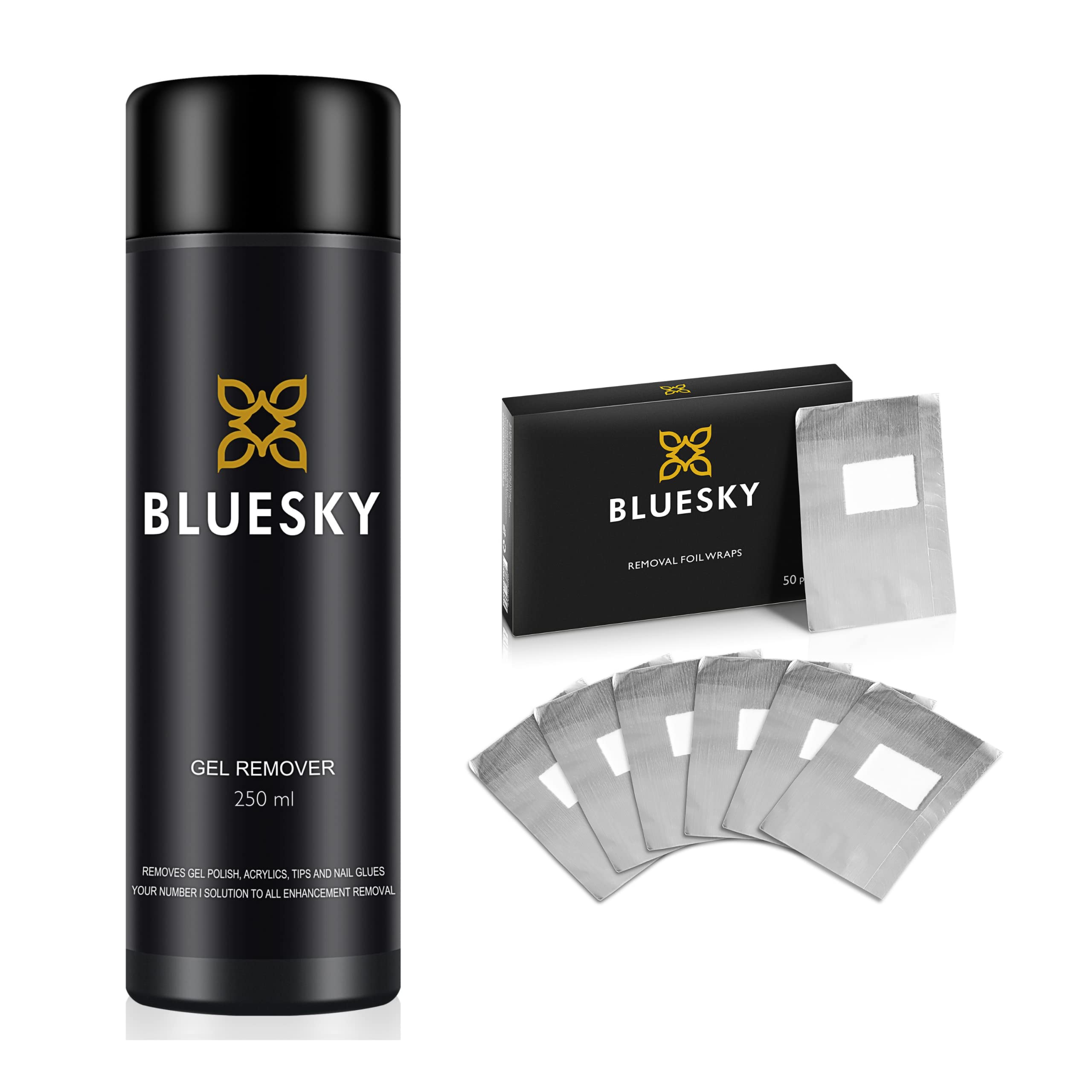 Bluesky Gel Polish Removal Kit. Acetone Gel Polish Remover 250ml + Foil Removal Wraps x 50, with Safflower Oil To Nourish Nails, Soak Off UV/LED Gel Polish in Minutes