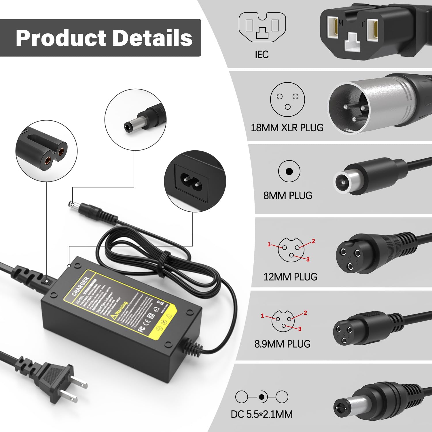 Pinkind 29.4V 2A Fast Charger 7 in 1 Plugs Universal for 24V 25.2V 25.9V 7S Lithium Batteries, Battery Charger Replacement for Razor, Jetson, Voyage, gotrax, ninebot