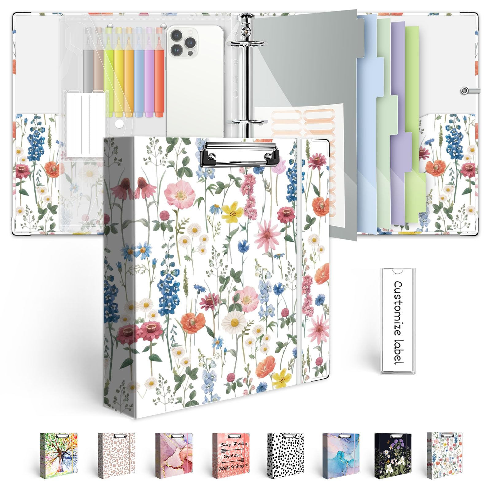 Photo 1 of 3 Ring Binder 2 Inch for 8.5"x11" Paper, Three Ring Binders with Clipboard, 5 Dividers with Tabs and Pockets, Plastic Folder, 18 Divider Stikers,Cute Binder with Pen Holder,Blue Bloom