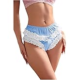 SHENHE Women's Satin Panty Ruffle Lace Trim Mid Rise Bow Underwear Silky Soft Brief