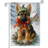 HOMETITUTE Christmas Puppy Garden Flag Double Sided 12x18 Inch Burlap Winter Garden Flag German Shepherd Puppy with Christmas Wreath Seasonal Banner for Indoor and Outdoor Decoration Yard Lawn Decor