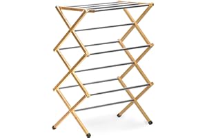 Morvat Premium Bamboo Wooden Folding Clothes Drying Rack with Metal Poles, Fully Assembled, Anti-Slip Grips, Adjustable Height, 11 Poles with 23FT of Drying Space for Laundry, Collapsible
