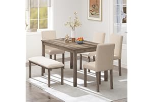 Zevemomo 6-Piece Solid Wood Dining Table Set, Including 1 Dining Table, 4 Upholstered Chairs and 1 Bench, Wooden Legs Dining Table Set for Dining Room, Kitchen, Restaurant, Brown