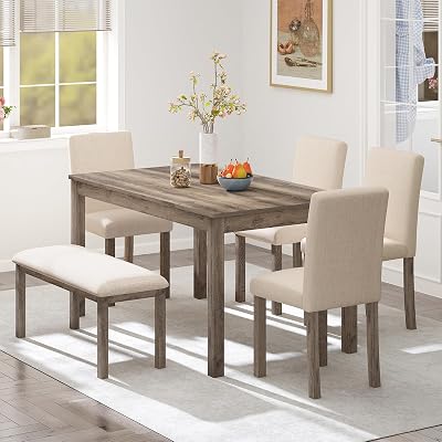 Zevemomo 6-Piece Solid Wood Dining Table Set, Including 1 Dining Table, 4 Upholstered Chairs and 1 Bench, Wooden Legs Dining Table Set for Dining Room, Kitchen, Restaurant, Brown
