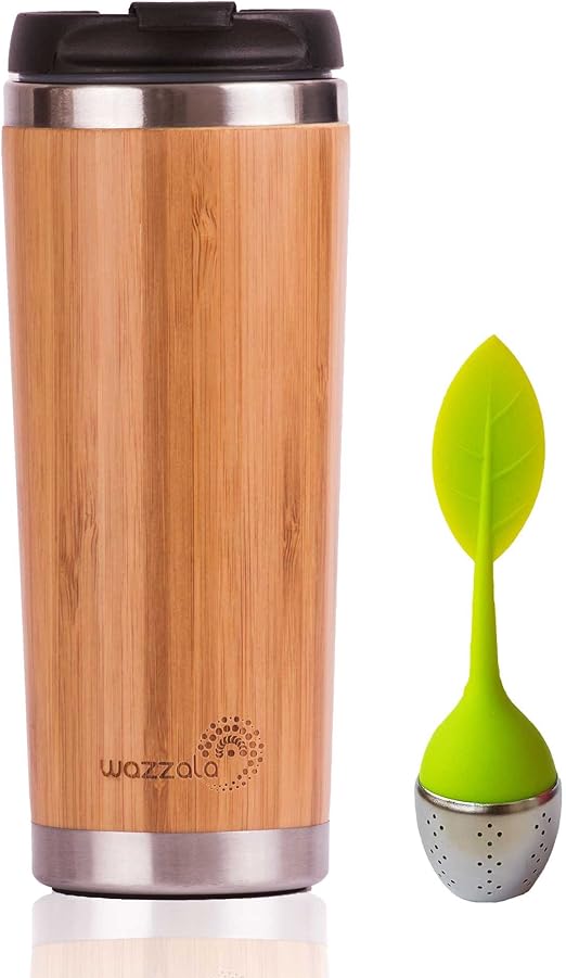 Amazon Com Elegant Reusable Bamboo Eco Travel Mug Easy To Hold Cup For Coffee Or Tea Splash Proof Easy Clean Lid Tumbler With Silicone Tea Infuser 14 Oz Kitchen Dining
