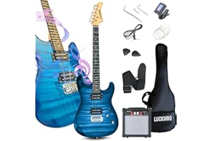 LUCKWBQ 39" Full Size ST Style Electric Guitar Starter Kit with HH Pickup, 20W Portable Amp, Tuner, Gig Bag, Strap & Accessories(Blue Flame)