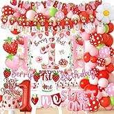 Berry First Birthday Decorations Strawberry 1st Decorations for Girls Sweet One Strawberry Decor Party Supplies include Photo Banner Highchair Banner Backdrop Tableware Set
