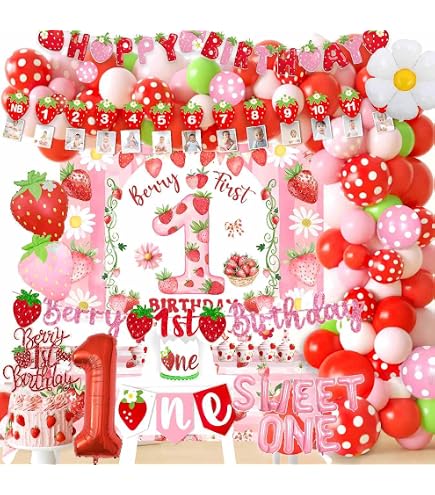 Kit Anniversaire Thème Fraise Pour 20 Personnes – Décorations Complètes : Toile De Fond, Ballons, Assiettes, Gobelets, Serviettes, Nappe & Décor Gâteau