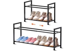 Bumusty 2-Tier Expandable Shoe Rack for Closet, 18“-33” Adjustable Shoe Rack for Small Space, Small Shoe Organizer for Front Door, Sturdy Metal, Black