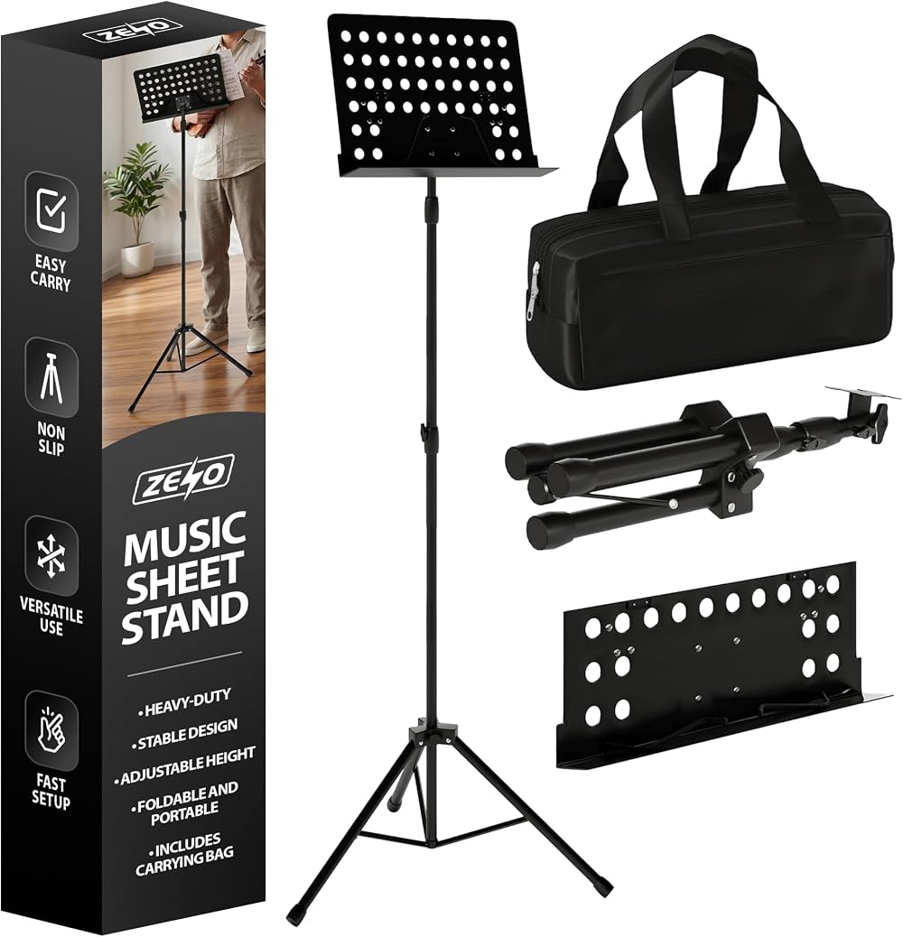ZENO Music Stand Adjustable Tripod Base Folding With Carry Bag Black