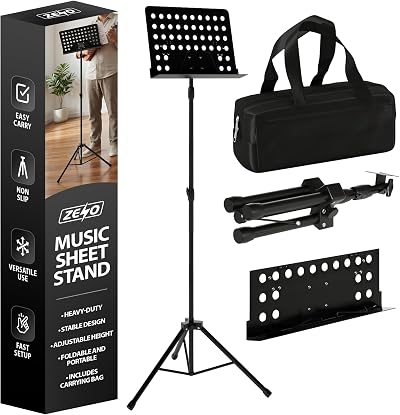 ZENO Music Stand Adjustable Tripod Base Folding With Carry Bag Black