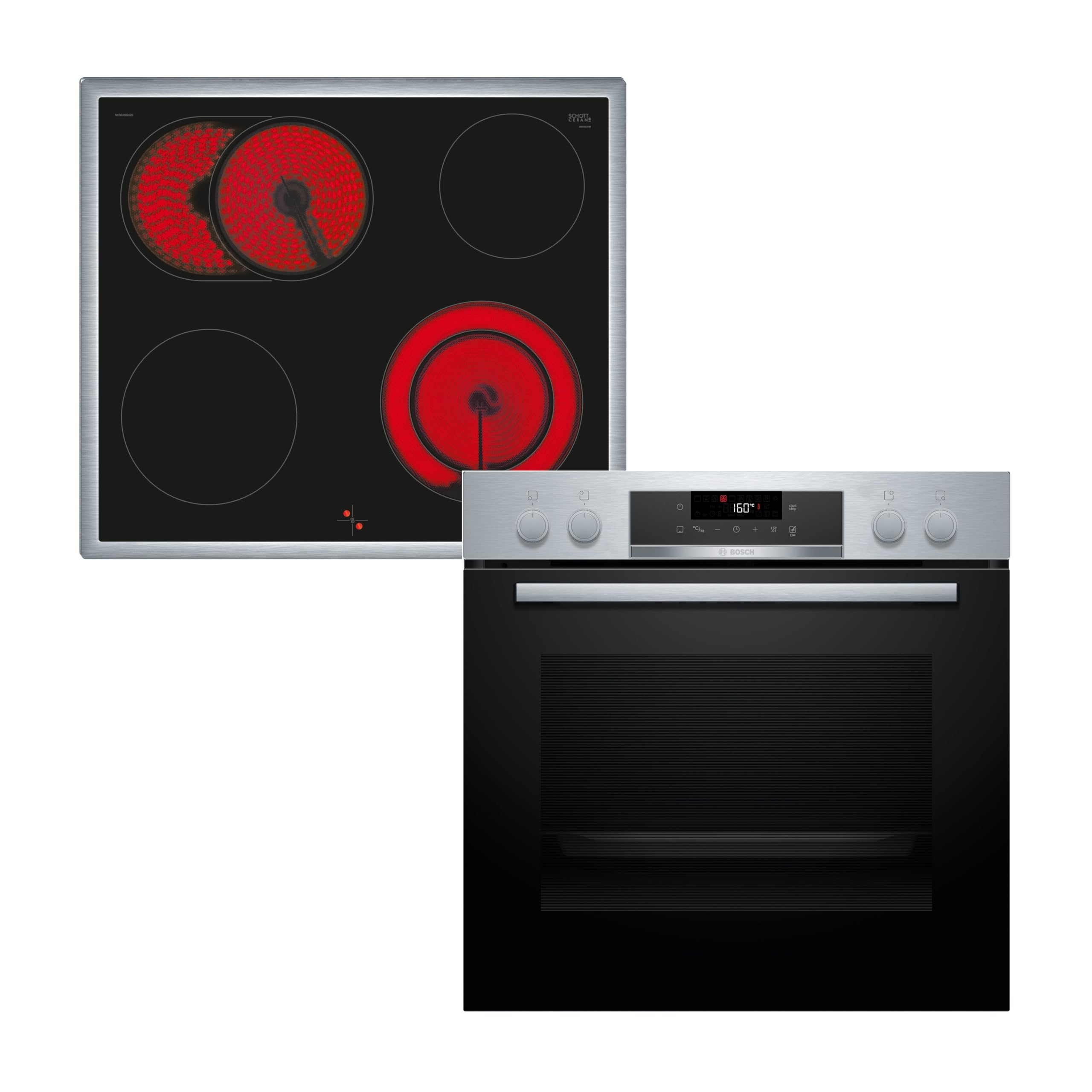 Bosch HND271AS64, Einbau-Herd-Set, Einbau-Herd 60 cm, HEA171BS3, Serie 2, Pyrolyse, Touch Control, Edelstahl & Elektro-Kochfeld 60 cm, NKN645GA2E, Serie 4, Herdgesteuert, 21 cm Kochzone, Mit Rahmen
