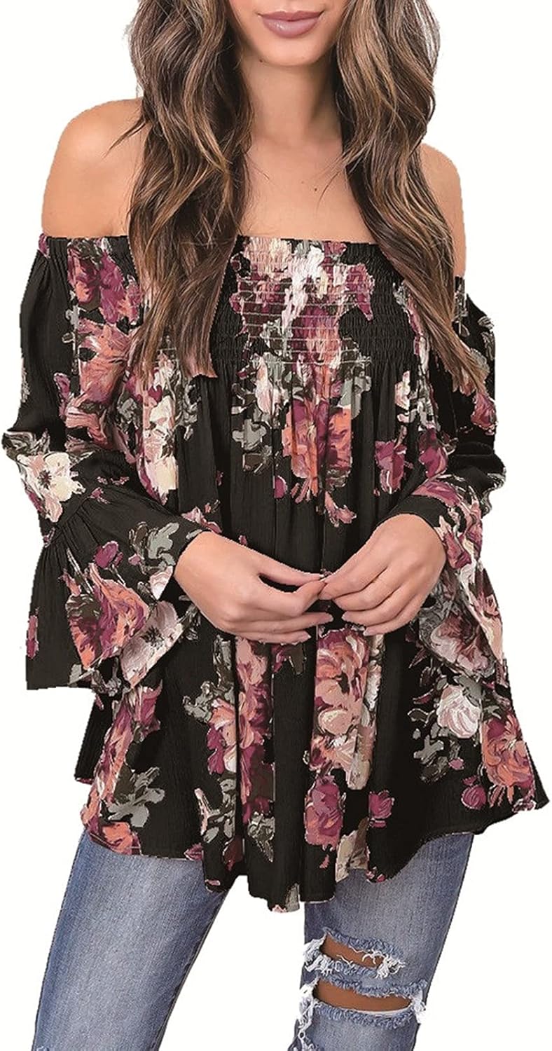 Women's Long Shirts Off The Shoulder Sexy Summer Floral Printed Tops Flare Ruffle Sleeve Swing