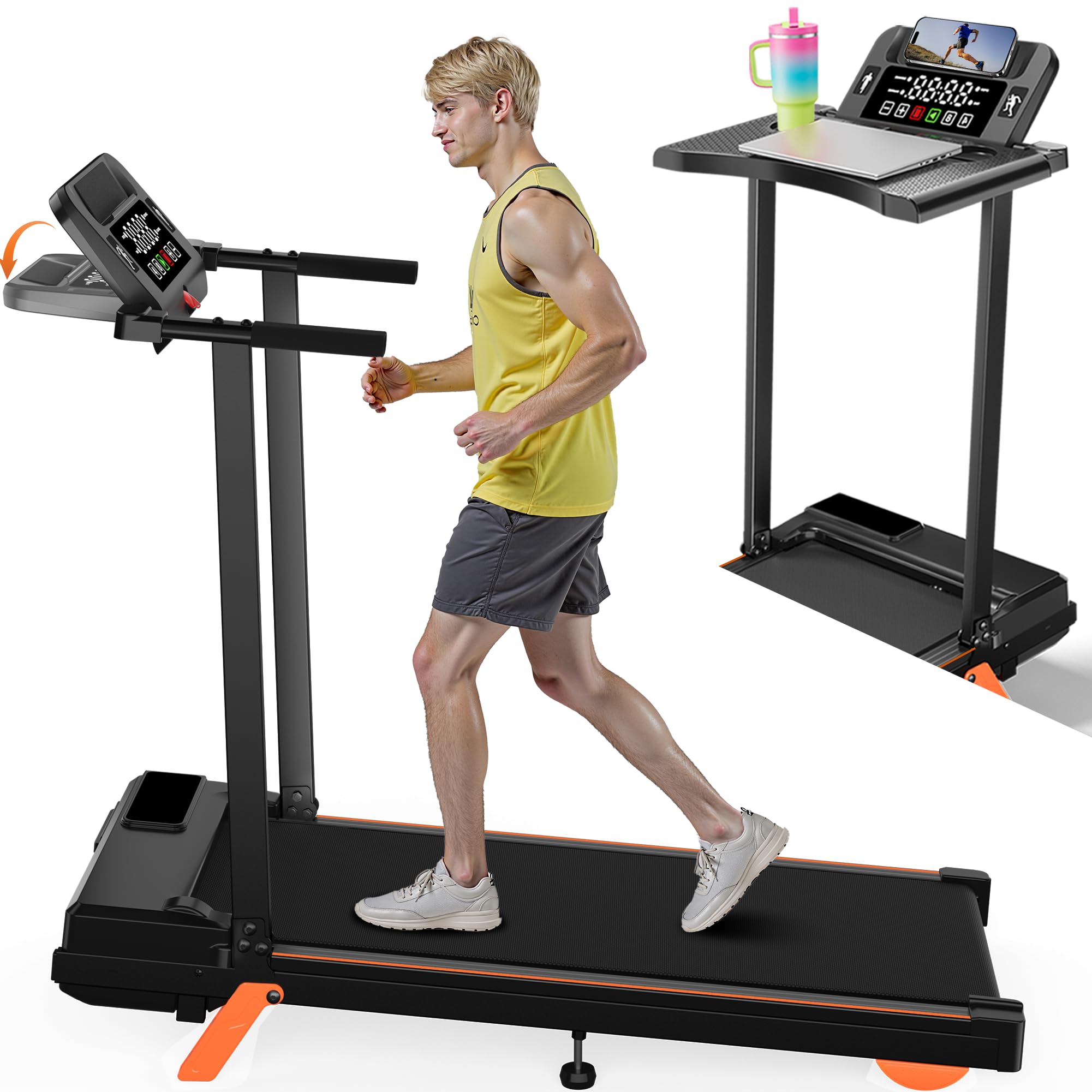 Photo 1 of 12% Incline Walking Pad Treadmill with Handle Bar, Portable Treadmill for Home with Desk and Console, Compact Walking Pads for Small Spaces,300LBS Weight Capacity and Big LED Display