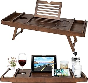 Bamboo Bathtub Caddy Tray with Extending Sides & Laptop Desk with Foldable Legs,Cellphone iPad Tray and Wineglass Holder,Free Soap Holder