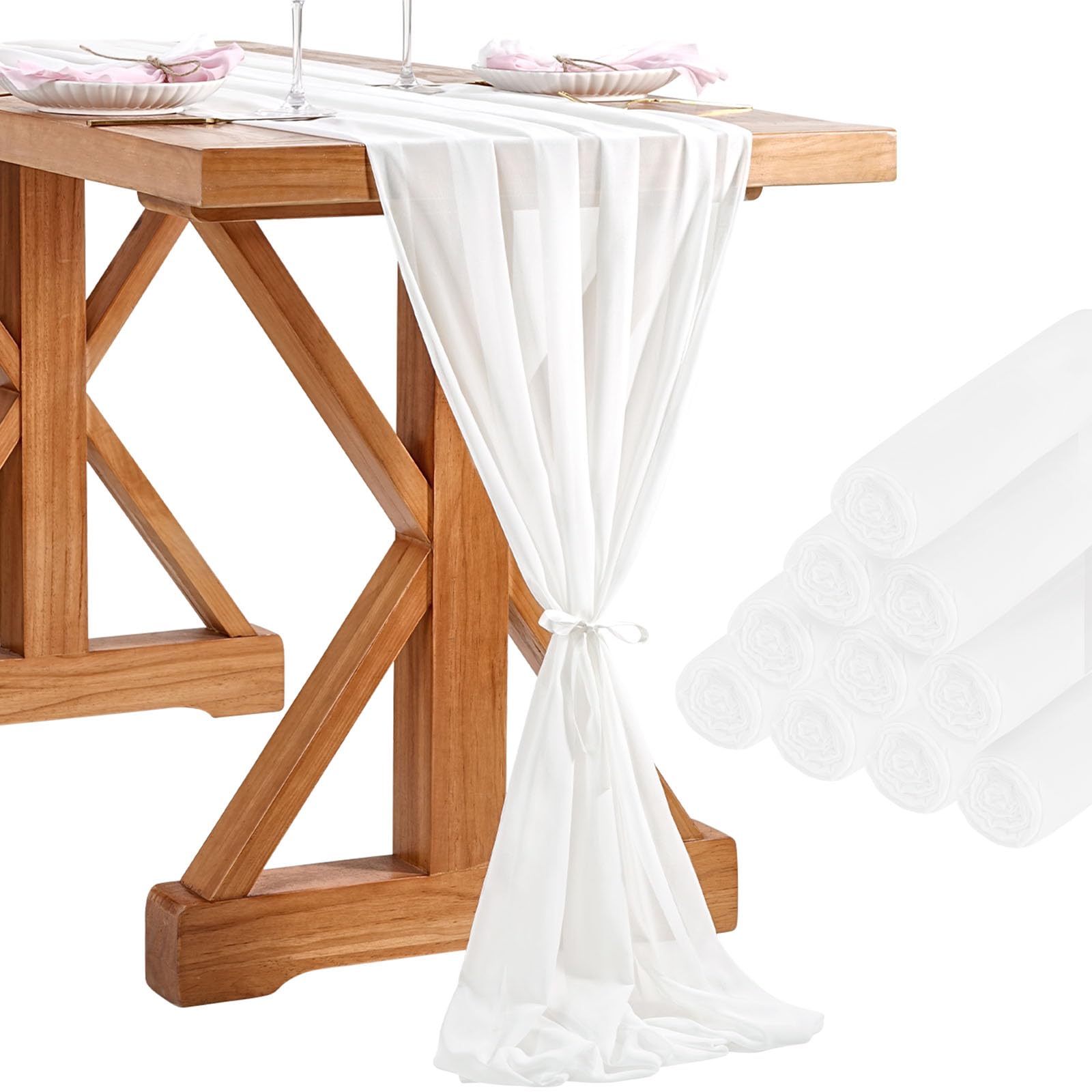 White Table Runner 10 Pieces 27x120 Inches Wedding Chiffon Table Runners 10ft Soft Fabric for Bridal Baby Shower Decorations Image