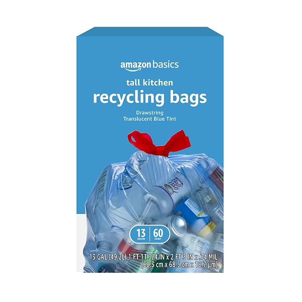 AMAZON BASICS BLUE RECYCLING TRASH BAGS, UNSCENTED, 13 GALLON, 60 COUNT, PACK OF 1
