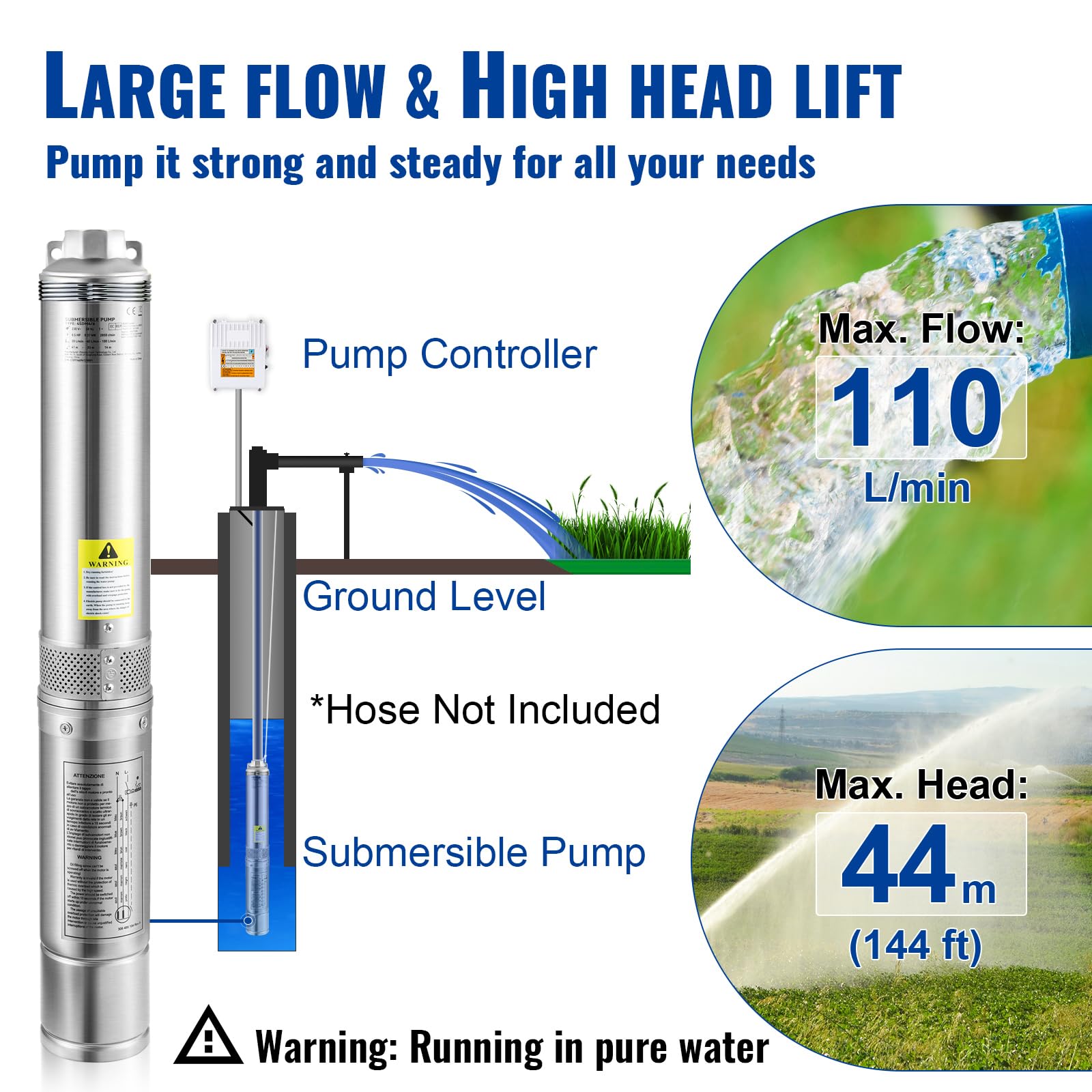VEVOR 4'' Tiefbrunnenpumpe 370W Brunnenpumpe 110L/min Tauchpumpe max. Förderhöhe 44m Rohrpumpe 230V 50Hz Edelstahl Wasserpumpe 040℃ Pumpe Ideal zum Bewässern WasserVersorgen Entwässern, Silber 3