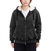 Huzeiwu Women's Acid Wash Fleece Sherpa Lined Hoodie Jacket Winter Warm Zip Up Hoodies Heavyweight Vintage Sweatshirt Coat