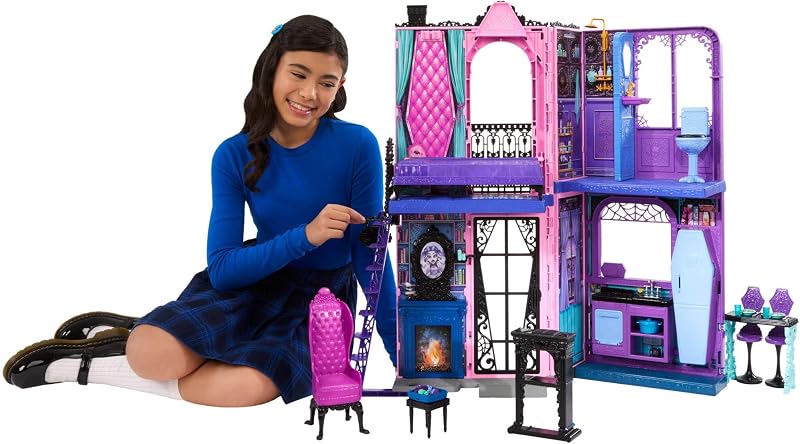 Hotel Buuuutique Casa de muñecas, conjunto de juego plegable con sorpresas espeluznantes en cada habitación y más de 13 piezas, incluidos muebles y accesorios, JBF16