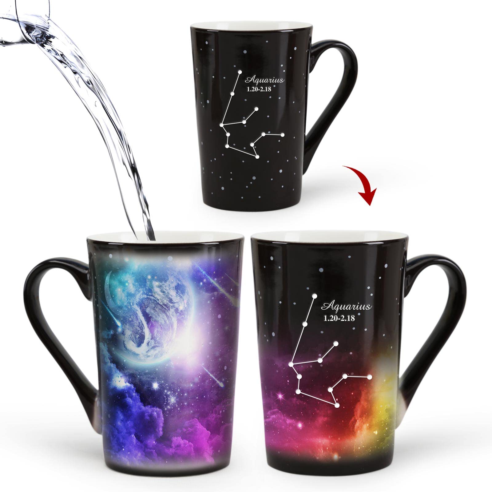 Mugkiss Aquarius Color Heat Changing Constellation Cup 12oz, Engraving Horoscope Aquarius Ceramic Coffee Mug, Holiday Birthday Gift for him and her, January February Magic Presents.