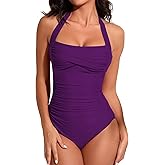 Smismivo Tummy Control Swimwear Halter One Piece Slimming Vintage Retro Swimsuit Womens Ruched Push Up Bathing Suit