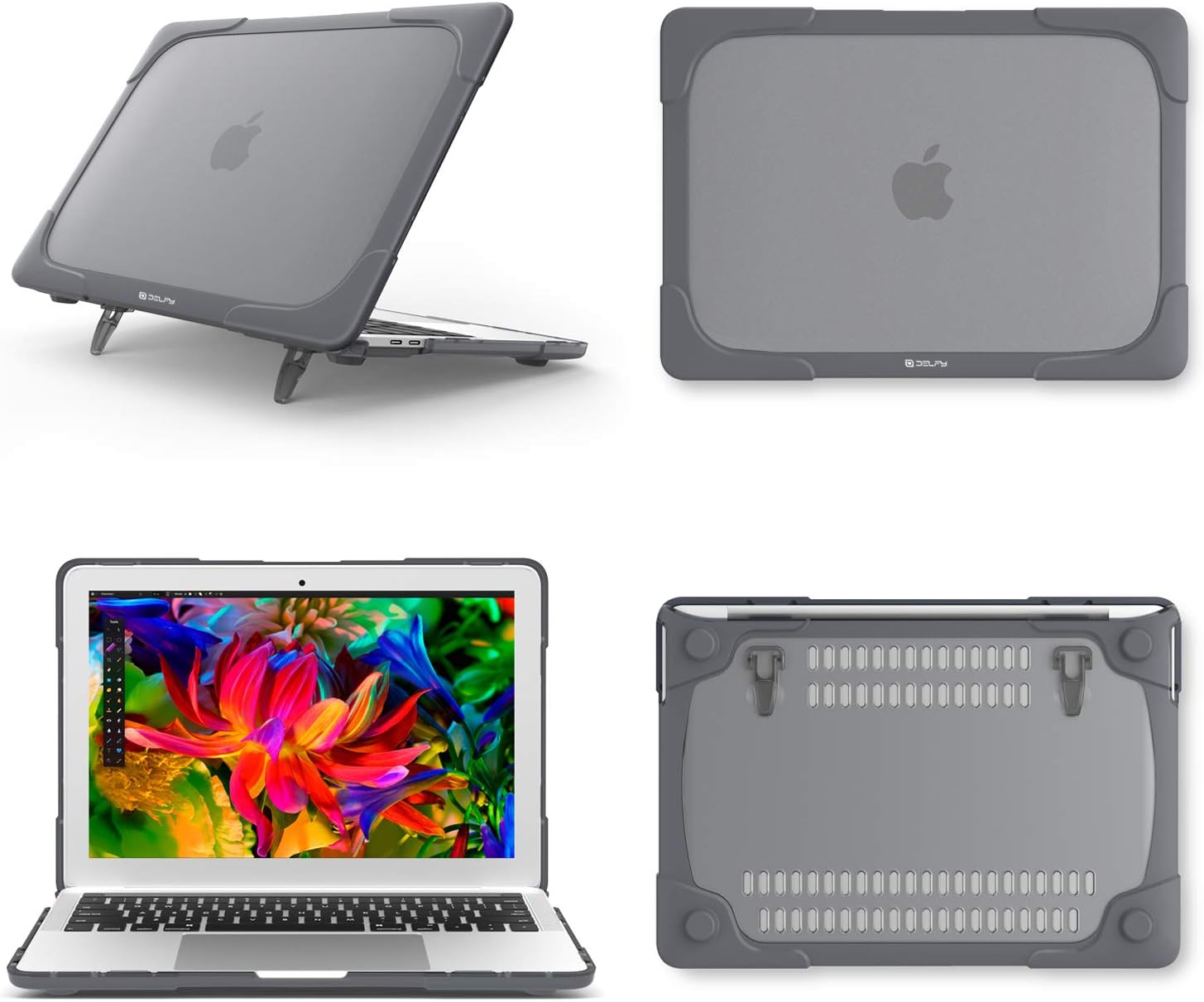 Delfy - MacBook Pro 13 inch Heavy Duty Case - Military Grade - Protective Hard Shell with Kickstand - for Models A1989 A1706 A1708 A2159 with/Without Touch Bar 2016 2017 2018 2019 - Gray