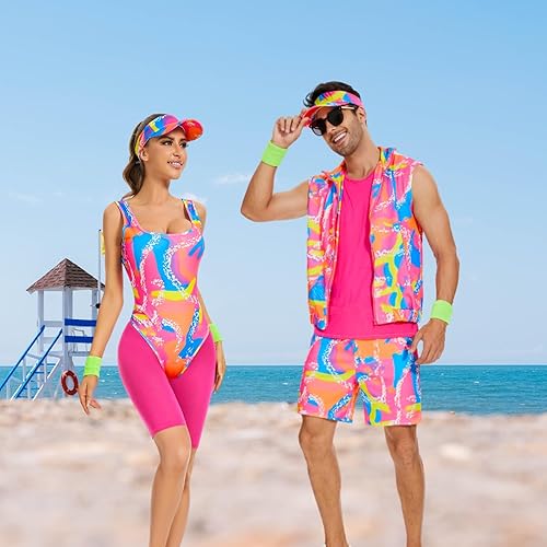 80s Workout Costume Set For Adults - Neon Tank Top, Vest, Shorts, Fanny Pack & Accessories, Halloween & Theme Party