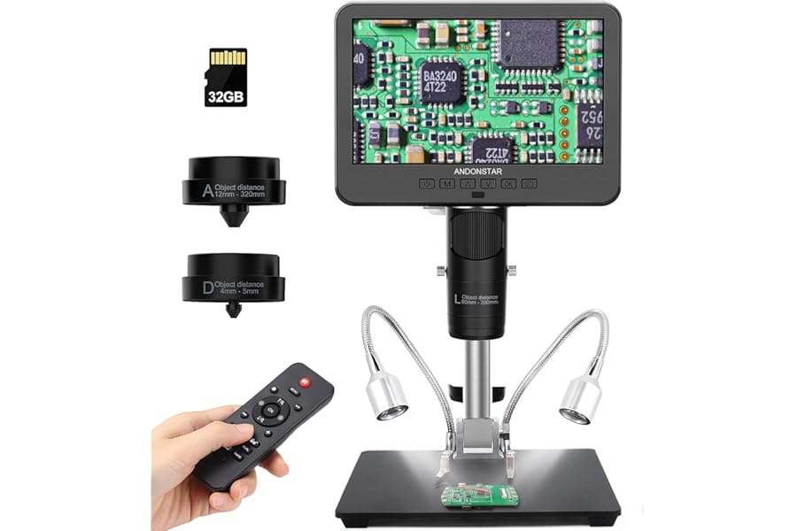 Andonstar AD246S-M HDMI Digital Microscope 2000x for Adults, 3 Lens 2160P UHD Video Record, 7 Inch LCD Soldering Microscope for Electronics Repair, Error Coins, Pro Boom Arm Stand, Windows Compatible