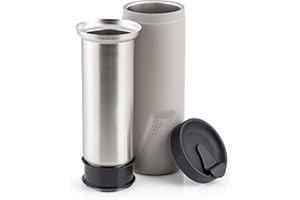 EcoVessel Travel French Press, Portable Coffee Maker, Stainless Steel Insulated Coffee Press, Reusable Single Serve Bottle for On-The-Go Use, 14oz (Stone)