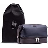 Vetell Leo Large Leather Men's Travel Toiletry and Shaving Case Bag with Upper and Lower Zippered Compartments, 3 Interior Loops and Carrying Handles