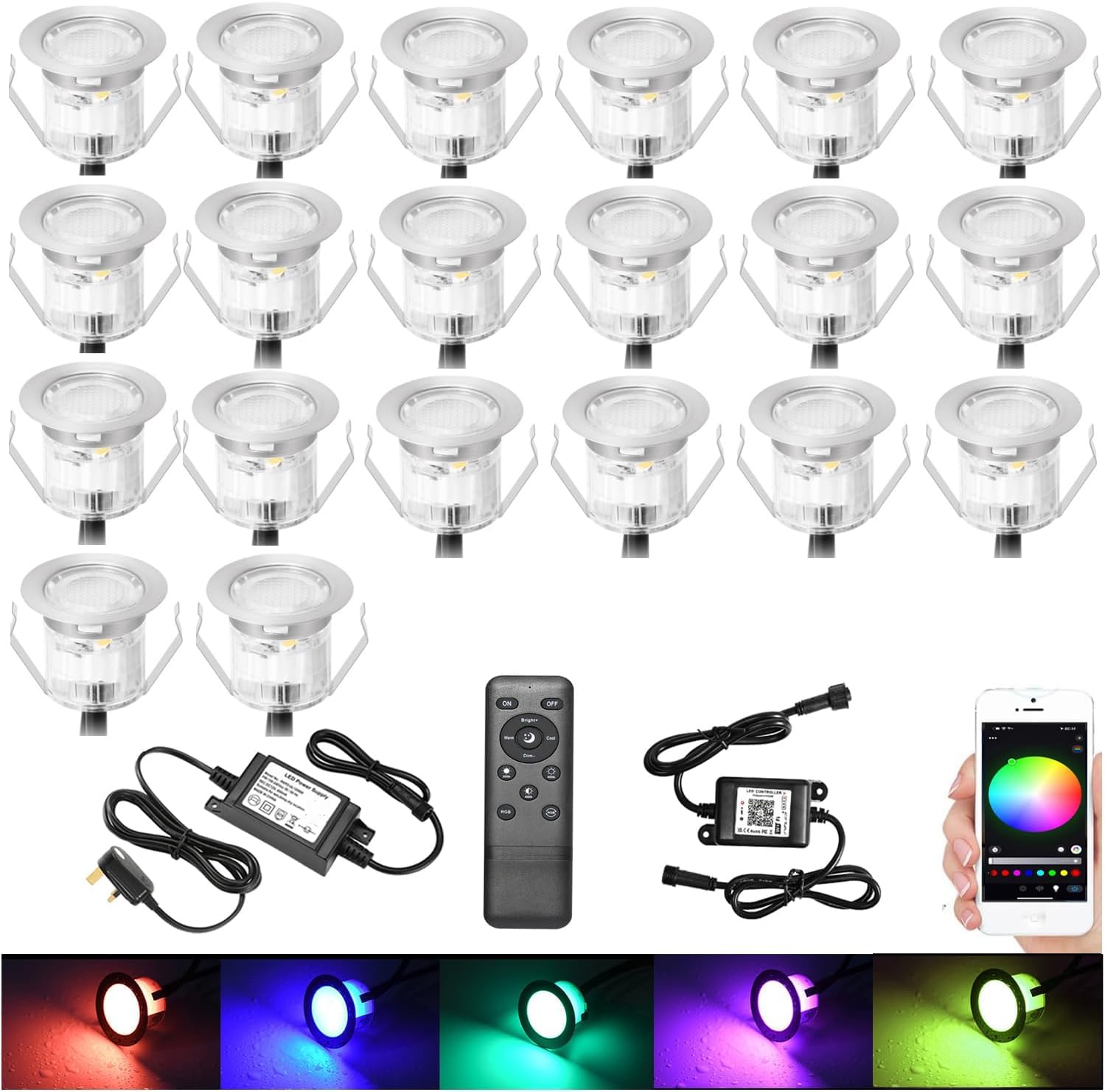 GEYUEYA Home WiFi Led Decking Lights RGB Waterproof IP67 Multicolor Ø30MM 12V WiFi Function LED Deck Lights with Remote Control for Terrace/Patio/Path -20 Packs