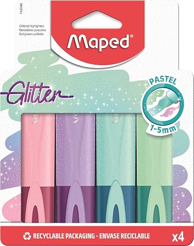 Maped Pastel Glitter Highlighters x4 – Chisel Tip 1–5mm Set