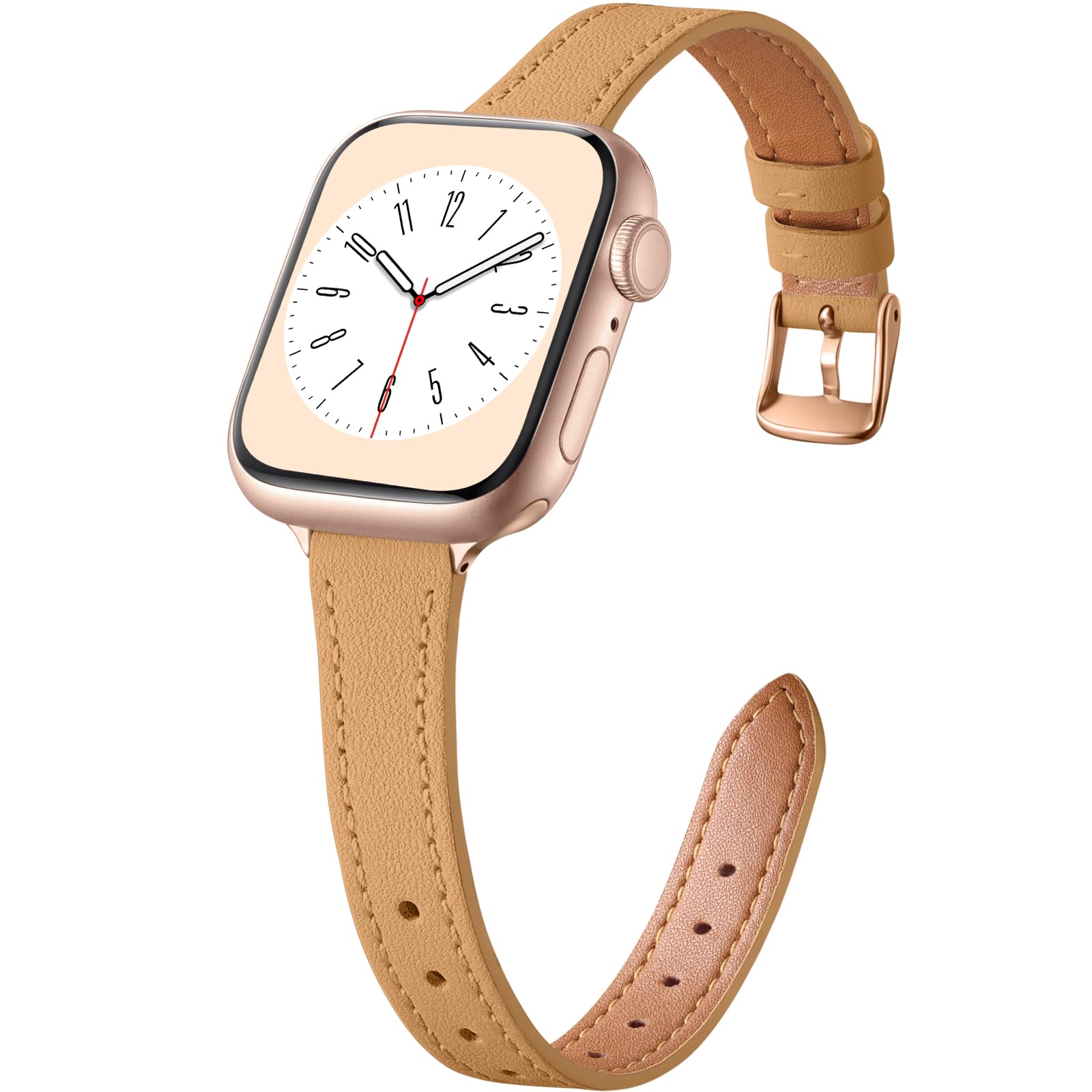 CeMiKa Slim Leather Straps Compatible with Apple Watch Strap 42mm 44mm 45mm 49mm 46mm, Thin Leather Band for Apple Watch Ultra/Ultra 2/iWatch Series 10 9 8 7 6 5 4 3 2 1, Women Men, Camel/Rosegold