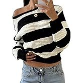 Verdusa Striped Off The Shoulder Sweater Oversized Sweaters Long Sleeve Y2K Loose Knitted Pullovers