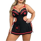WDIRARA Women's Plus Size 3 Piece Babydoll Lingerie Set Nurse Roleplay Costume Side Tie Lace Cutout Nightdress