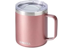 SUNWILL Insulated Coffee Mug with Lid, Travel Tumbler with Handle, 14 oz Stainless Steel Cup for Camping, Office, Home, Rose 