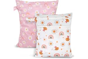 SANFERGE 2pcs Travel Waterproof Laundry Bag, Cloth Diaper Wet Dry Bags with Handle & 2 Zipper Pockets, Reusable Washable Dirty Clothes Bag for Baby Adult Travelling Hanging, Bathing Beach Pool Daycare Yoga Gym Sports Exercise Swimsuits, 19.7*15.7 inch, Cartoon 1 White + Pink