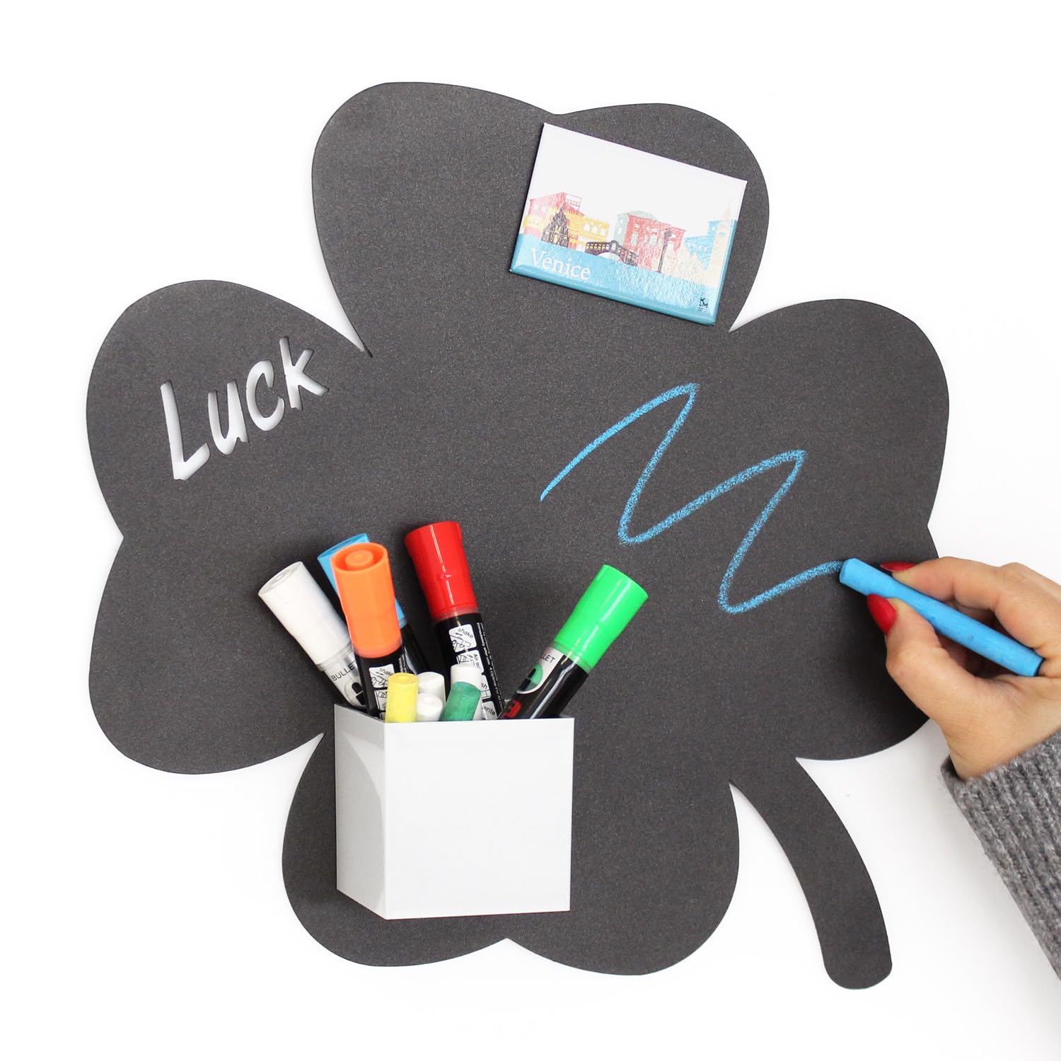 KalaMitica - Magnetic Chalkboard for Wall - 4-Leaf Clover Design, 33x33 cm, Charcoal Grey - Writable Magnetic Blackboard for Notes, Messages & Decor - Ideal for Home & Office