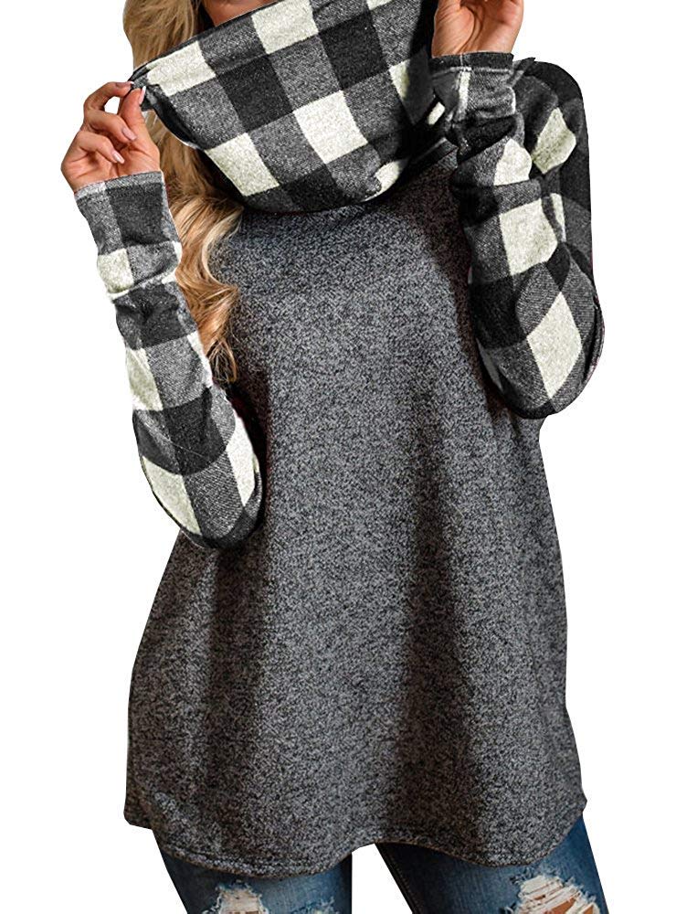 Women\'s Cowl Neck Plaid Sweatshirts Long Sleeve Casual Raglan Shirt Pullover White