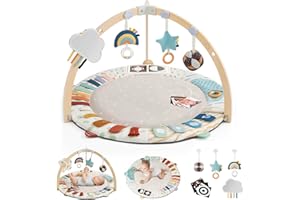 Blissful Diary Baby Play Gym & Activity Mat, 5 Developmental Zones Wooden Tummy Time Mat with 5 Detachable Sensory Toys for Motor Skills & Sensory Development, Baby Essentials Shower Gift