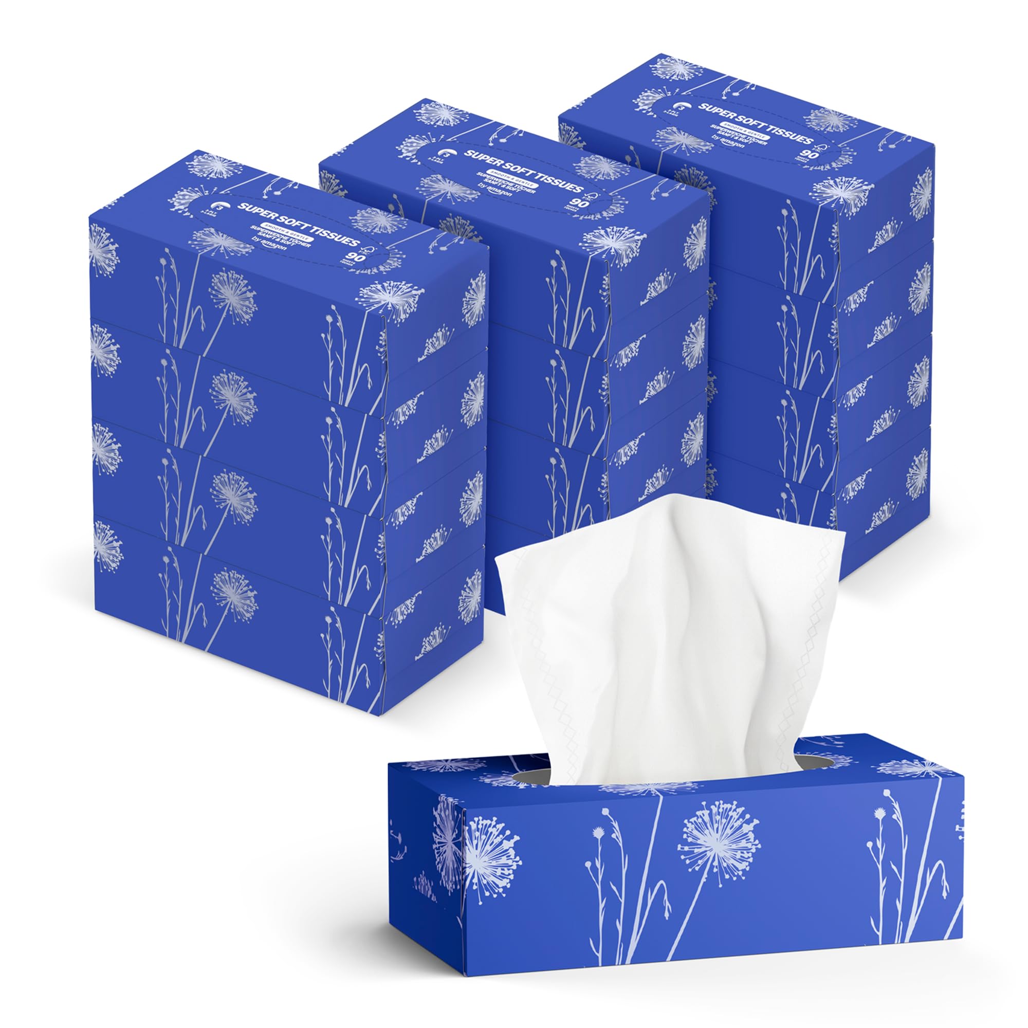 by Amazon 3-Ply Facial Tissues, 1080 Sheets, (12 Packs of 90 Sheets)