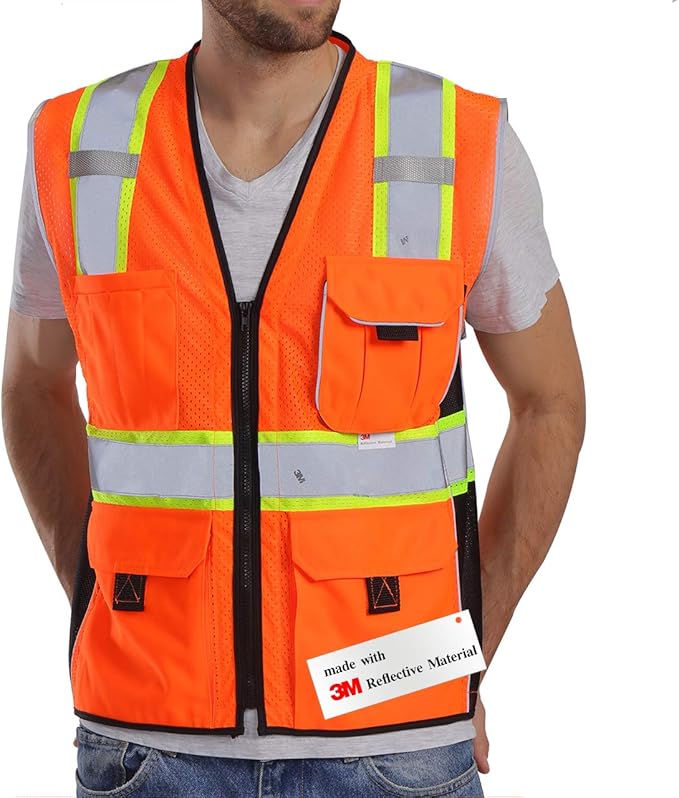 Dib Safety Vest Reflective Orange Mesh, High Visibility Vest with