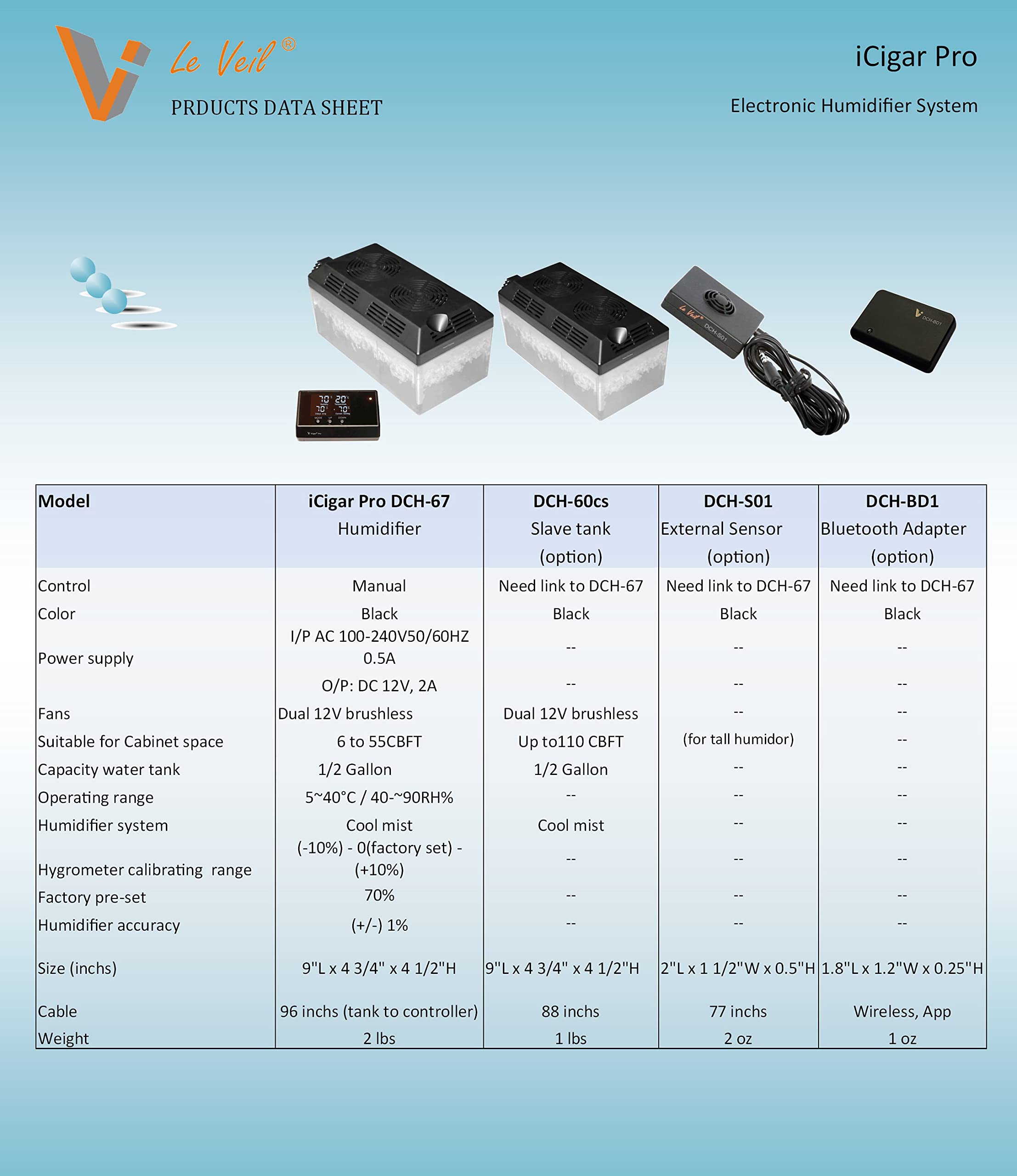 Le Veil iCigar Pro Electronic Cigar Humidifier System for Humidor Cabinet (Dual Tanks + External Humidity Sensor)